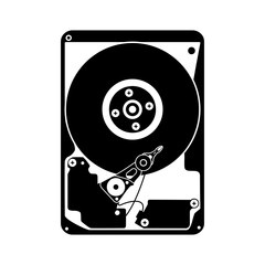 The hard disk icon is a black silhouette. A storage device based on the principle of magnetic recording, designed for storing data, files and programs. Vector illustration isolated.