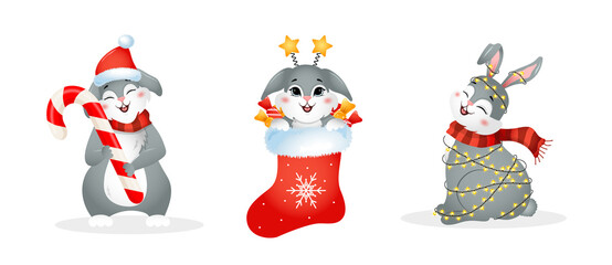 Year of rabbit. Cute christmas bunny collection. Chinese New year 2023 symbol. Vector illustration in cartoon style. Design element for greeting cards, holiday banner, decor.