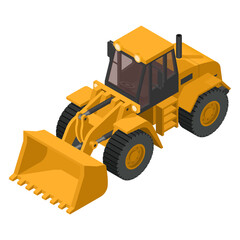 isometric heavy machinery with yellow front loader on a white background for construction and mining