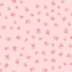 Seamless pattern with paws. Abstract pattern with pink paws. Random, chaotic background with cute paws.