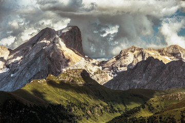 Passo Dona with Sasslong and Sasso Piatto dolomite panorama, Trentino