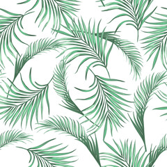 Fototapeta na wymiar Tropical illustration with palm leaves. Jungle wallpaper with exotic plants. Summer tropical leaf background. Summer foliage print. Pattern design.