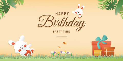 Cute birthday greeting card with gift box. two rabbits are smiling. Templates for making banner advertise. paper and papercraft Style.