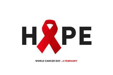 World Cancer Day, 4 february. Cancer red ribbon awereness symbol, background poster or banner