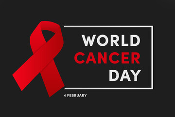 World Cancer Day, 4 february. Cancer red ribbon awereness symbol on black background, poster or banner