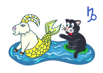 Capricorn zodiac sign in the form of cute cat isolated on white background. Vector illustration