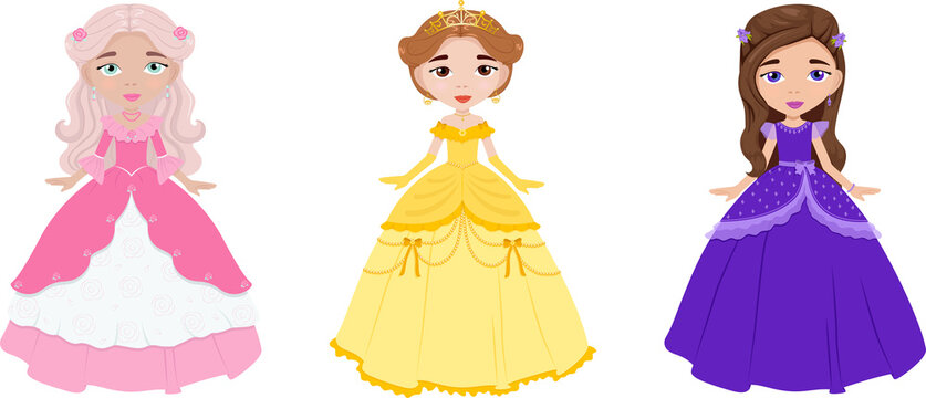 Set with princesses in dresses, children's illustration, vector