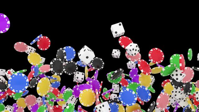 3D animation of poker chips and dice flow with alpha layer