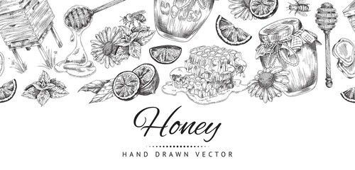 Honey repeatable hand drawn background with jars of honey, vector illustration.