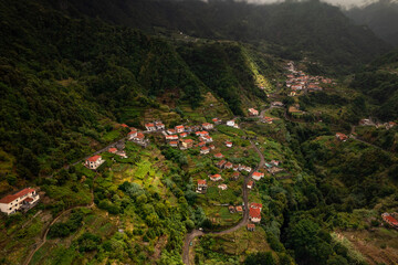 Landscape of village in mountainous terrain