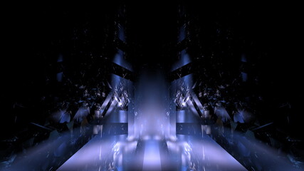 Obraz na płótnie Canvas Color futuristic showcase scene background. Modern dark neon fantastic reflection showcase background, glowing bright elements. 3d render