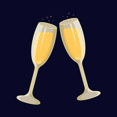 Two sparkling glasses of champagne with bubbles. Vector Illustration