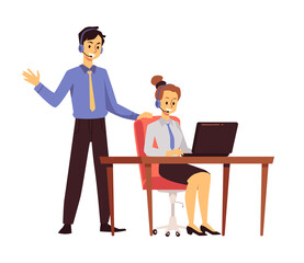Customer support man and woman operators with headsets and laptop, flat vector illustration isolated on white.