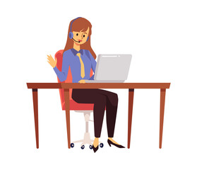 Happy woman with headset and laptop greets customers, flat vector illustration isolated on white background.