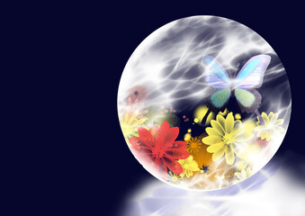 Butterfly and flowers in a crystal ball