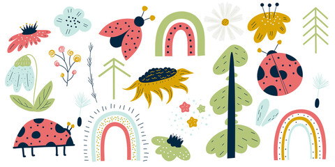 Spring scandinavian clipart with ladybug, camomile, snowdrop, dandelion isolated on white background.Nordic insects with flowers and rainbows for children's summer design. Fflat vector illustration. © Анжелика Полтавец