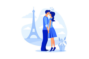 happy valentine day. Young couple kissing passionately full of love with Eiffel Tower in the background in Paris. flat vector illustration style 