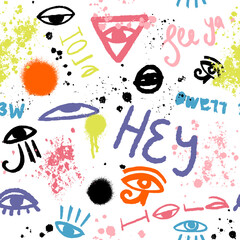 Graffiti seamless pattern with spray paint spots and lettering. Artistic paint blots, abstract splashes, various eyes