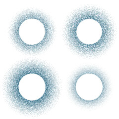 Halftone circle frames set with black random dots, logo emblem design element for technology, medical, treatment, cosmetic. Border with empty space for your text, round shape. Vector illustration