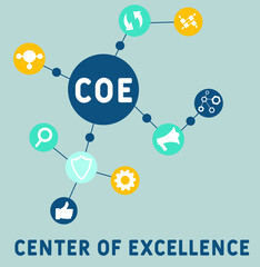 COE - Center of Excellence acronym. business concept background. vector illustration concept with keywords and icons. lettering illustration with icons for web banner, flyer, landing pag