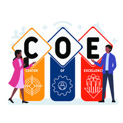 COE - Center of Excellence acronym. business concept background. vector illustration concept with keywords and icons. lettering illustration with icons for web banner, flyer, landing pag - obrazy, fototapety, plakaty