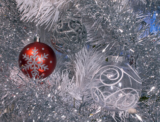 Christmas toys on the Christmas tree balls sequins snowflakes tinsel