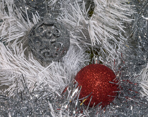 Christmas toys on the Christmas tree balls sequins snowflakes tinsel