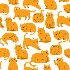 Seamless cartoon colorful hand drawn cat pattern for fabric textile or wrapping paper. Cute cartoon vector illustration for children 