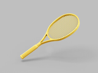 Gold single color tennis racket on gray monochrome background. Minimalistic design object. 3d rendering icon ui ux interface element.