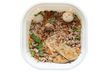 Dry noodle Tom Yam minced pork and small line noodle with meatball. In the white plastic box prepare for delivery to customer. On isolated white background with clipping path.