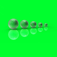 Five balls of metal of different sizes of Green color on Neon Green background. Growth of something. Progress. Reflection. Square image. 3D image. 3D rendering.