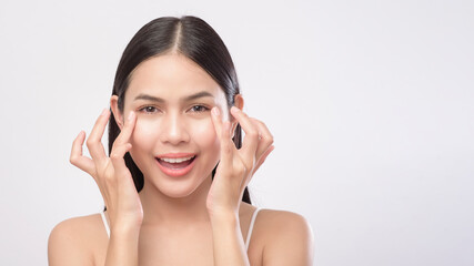 Fototapeta premium Portrait of young beautiful woman with smooth healthy skin on white background , Skincare concept.