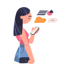 Woman Character with Smartphone Working with Information Analyzing Data and Browsing Internet Vector Illustration
