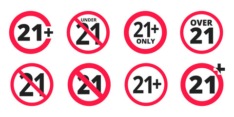 Under 21 forbidden round icon sign vector illustration set. Twenty one years or older persons adult content 21 plus only rating isolated on white background.