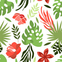 Tropical Leaf and Red Flower Vector Seamless Pattern Template