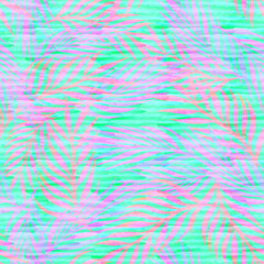 Fototapeta na wymiar Neon tropical seamless pattern with palm leaves, watercolor background 