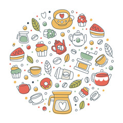 Tea and Coffee Bar Object Arranged in Circle Shape Vector Template