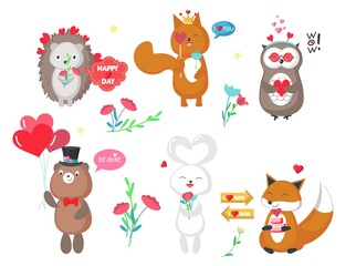 Cute forest animals in love, vector illustration. Funny bear, hedgehog, squirrel, fox, owl, rabbit with hearts, balloons