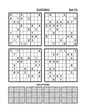 Four sudoku puzzles of comfortable medium level. Set 21. Answers included.
