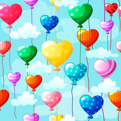 Seamless pattern heart-shaped colored balloons in the sky with clouds background.