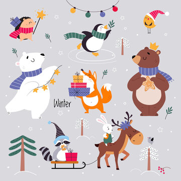 Cute Animal Wearing Warm Scarf and Hat Enjoying Winter Season Carrying Gift Box and Riding Sleigh Vector Set