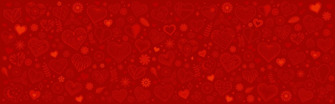 Valentine's hearts doodle banner. Vector horizontal red background with hearts. Modern hand-drawn design for mother's day, love concepts. Holiday wallpaper, headers, posters, cards, websites vector
