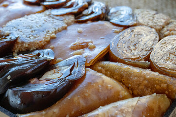various walnut, pistachio, hazelnut pestils. Turkish deserts. similar to turkish delight.