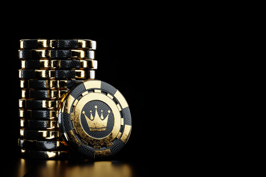 Creative casino template, black gold stacks of playing chips isolated on black background. The concept of roulette, gambling, a header for the site. Copy space, 3d illustration, 3d render.