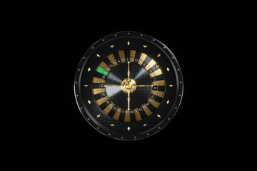 Creative casino template, black and gold roulette on a black background. The concept of roulette, casino, gambling, addiction, Vegas. Copy space, 3d illustration, 3d render.