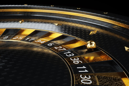 Black and gold roulette close-up. Casino concept, Vegas, creative template, addiction. 3D illustration, 3D render.