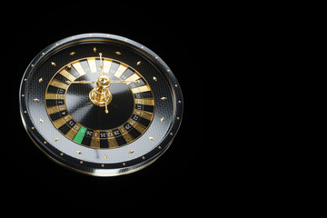 Black and gold roulette close-up. Casino concept, Vegas, creative template, addiction. 3D illustration, 3D render.