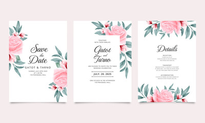 Beautiful wedding invitation card set with watercolor roses and green leaves decoration