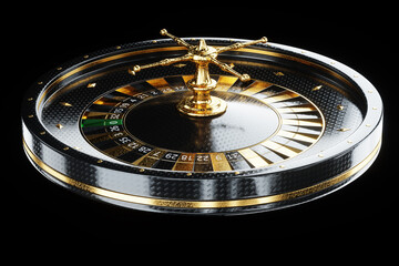Creative casino template, black and gold roulette on a black background. The concept of roulette, casino, gambling, addiction, Vegas. Copy space, 3d illustration, 3d render.