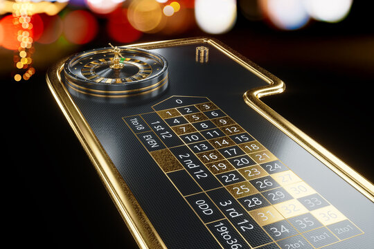 American roulette table and stacks in a casino. Creative casino template, background design, addiction, header for website. 3D illustration, 3D render.